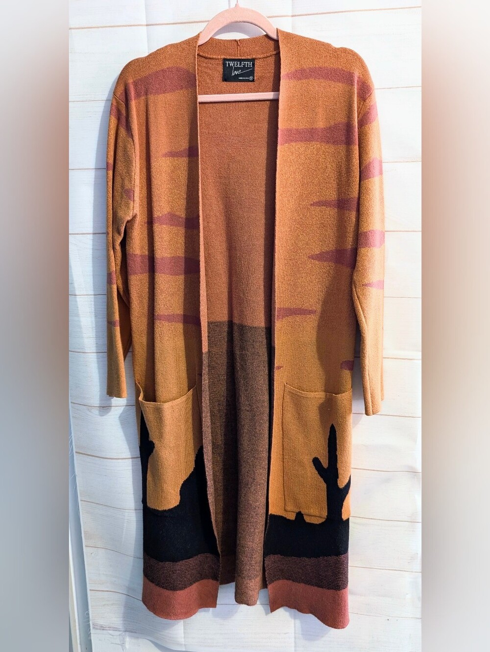 Twelfth Street by Cynthia Vincent Mustard Rust and Black Open Long Cardigan